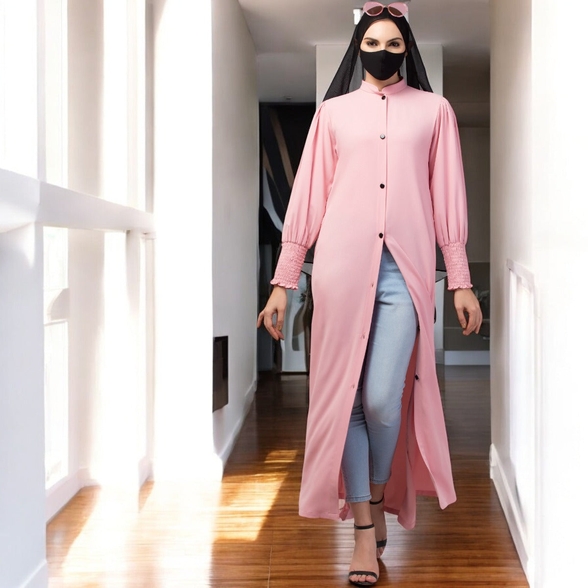 Front Open Abaya In Premium Stretchable Fabric with Puff Shoulders, Smocky Sleeves and Contrast Buttons