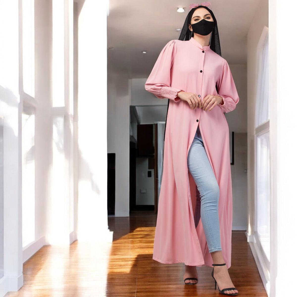 Front Open Abaya In Premium Stretchable Fabric with Puff Shoulders, Smocky Sleeves and Contrast Buttons