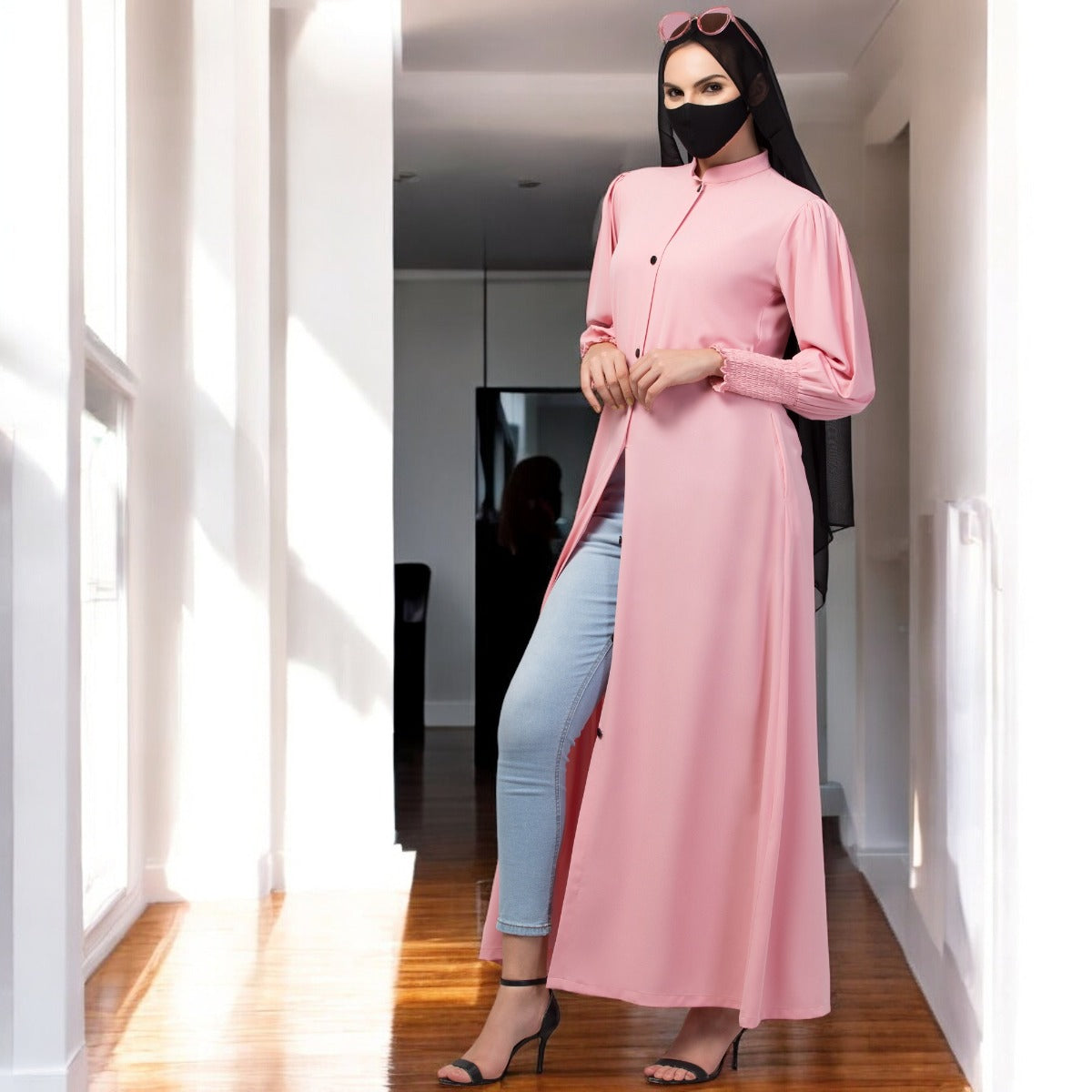 Front Open Abaya In Premium Stretchable Fabric with Puff Shoulders, Smocky Sleeves and Contrast Buttons