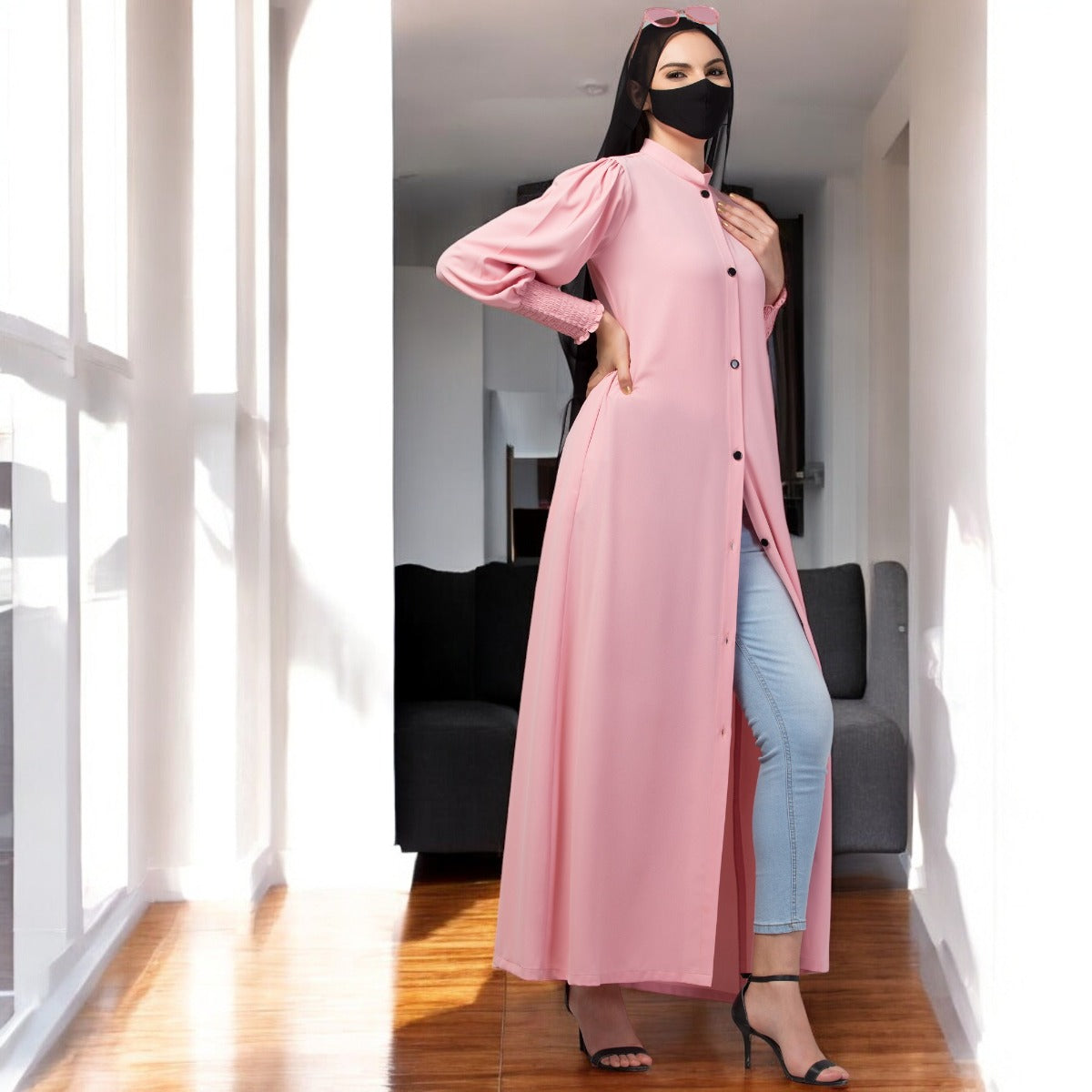 Front Open Abaya In Premium Stretchable Fabric with Puff Shoulders, Smocky Sleeves and Contrast Buttons