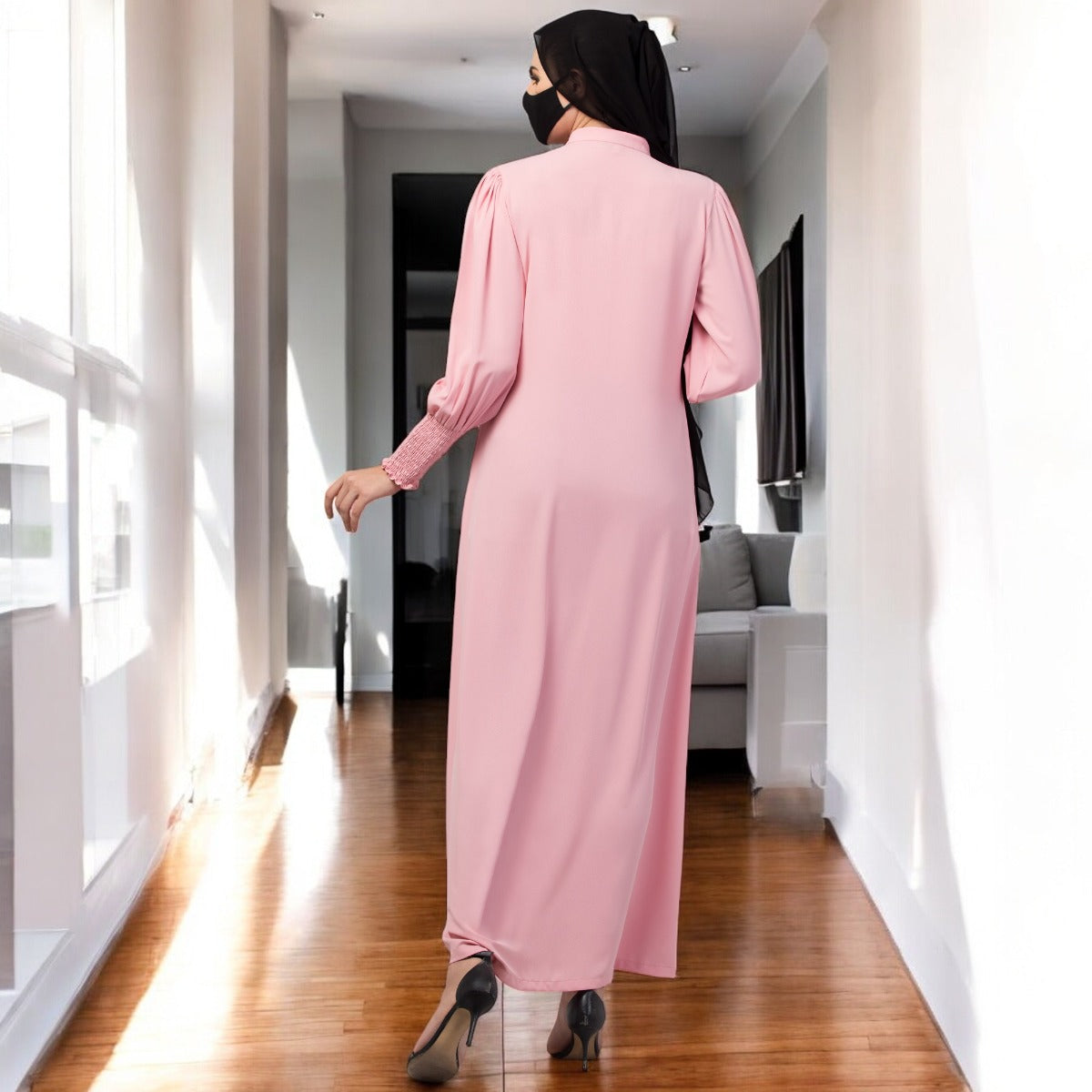 Front Open Abaya In Premium Stretchable Fabric with Puff Shoulders, Smocky Sleeves and Contrast Buttons