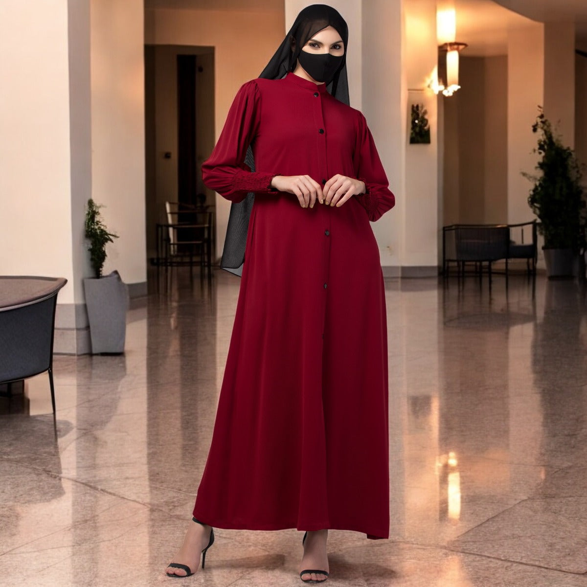 Front Open Abaya In Premium Stretchable Fabric with Puff Shoulders, Smocky Sleeves and Contrast Buttons