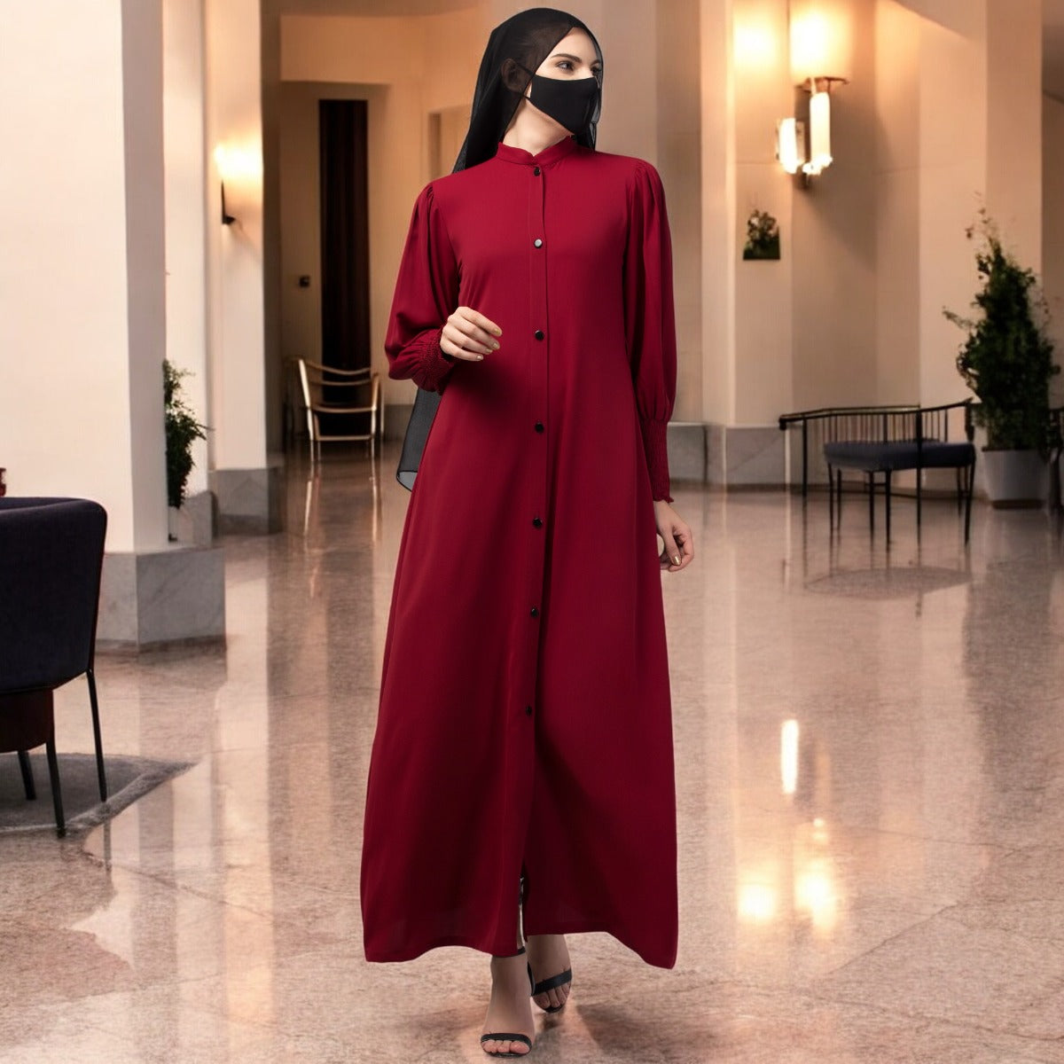 Front Open Abaya In Premium Stretchable Fabric with Puff Shoulders, Smocky Sleeves and Contrast Buttons