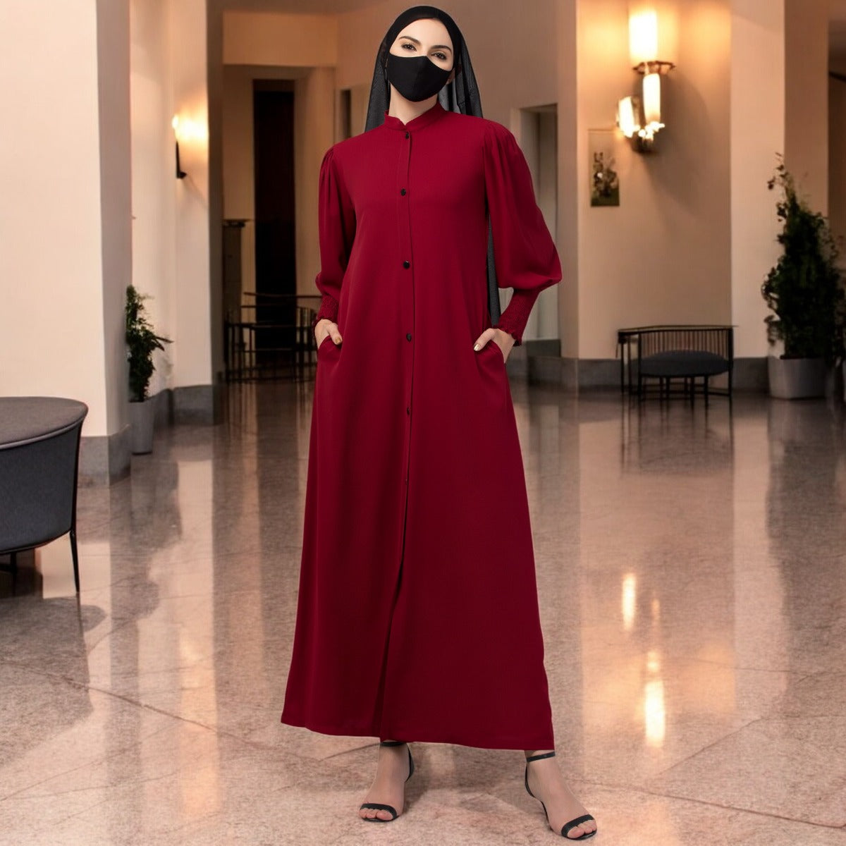 Front Open Abaya In Premium Stretchable Fabric with Puff Shoulders, Smocky Sleeves and Contrast Buttons