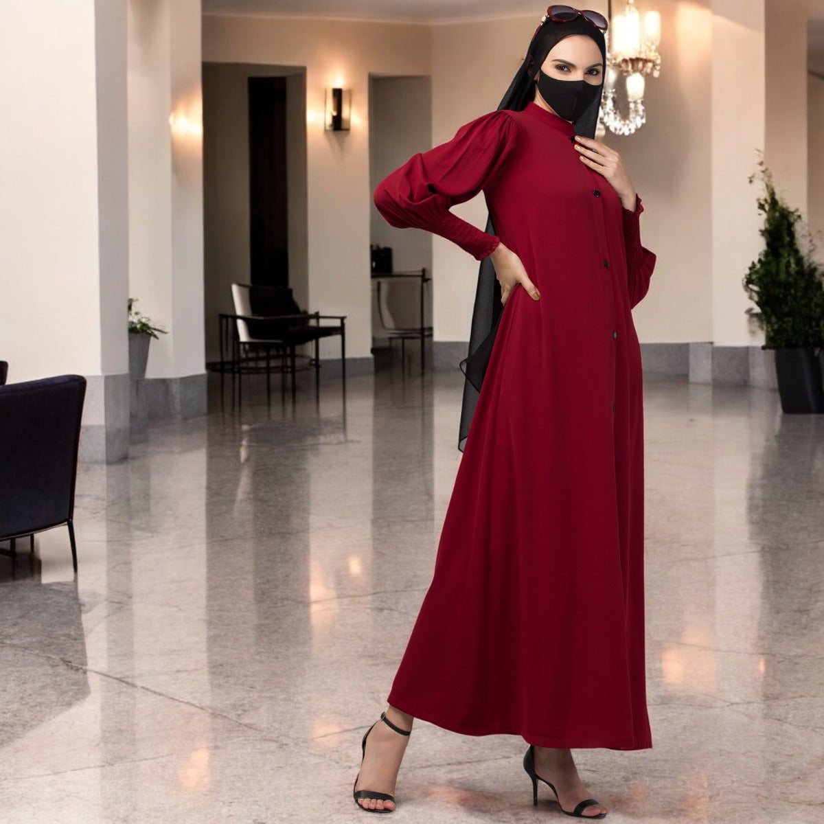 Front Open Abaya In Premium Stretchable Fabric with Puff Shoulders, Smocky Sleeves and Contrast Buttons