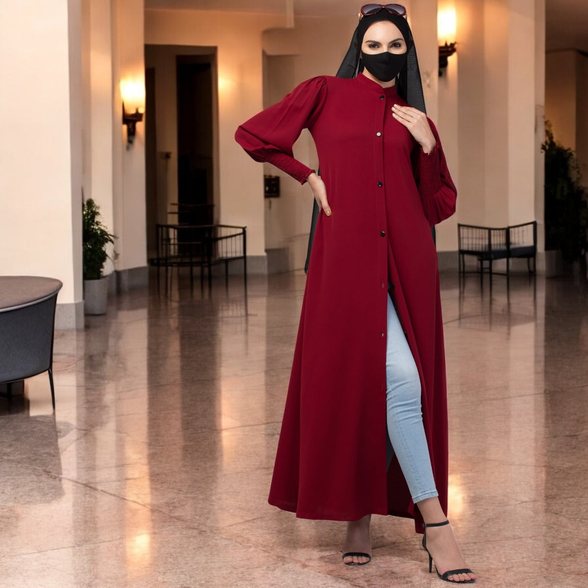 Front Open Abaya In Premium Stretchable Fabric with Puff Shoulders, Smocky Sleeves and Contrast Buttons
