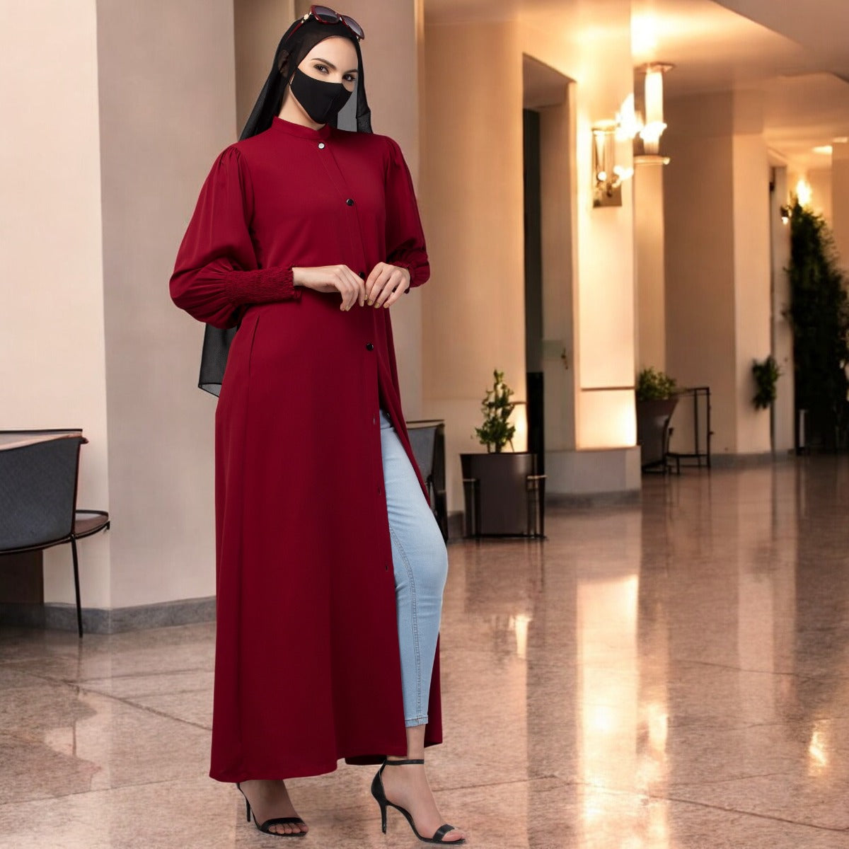 Front Open Abaya In Premium Stretchable Fabric with Puff Shoulders, Smocky Sleeves and Contrast Buttons