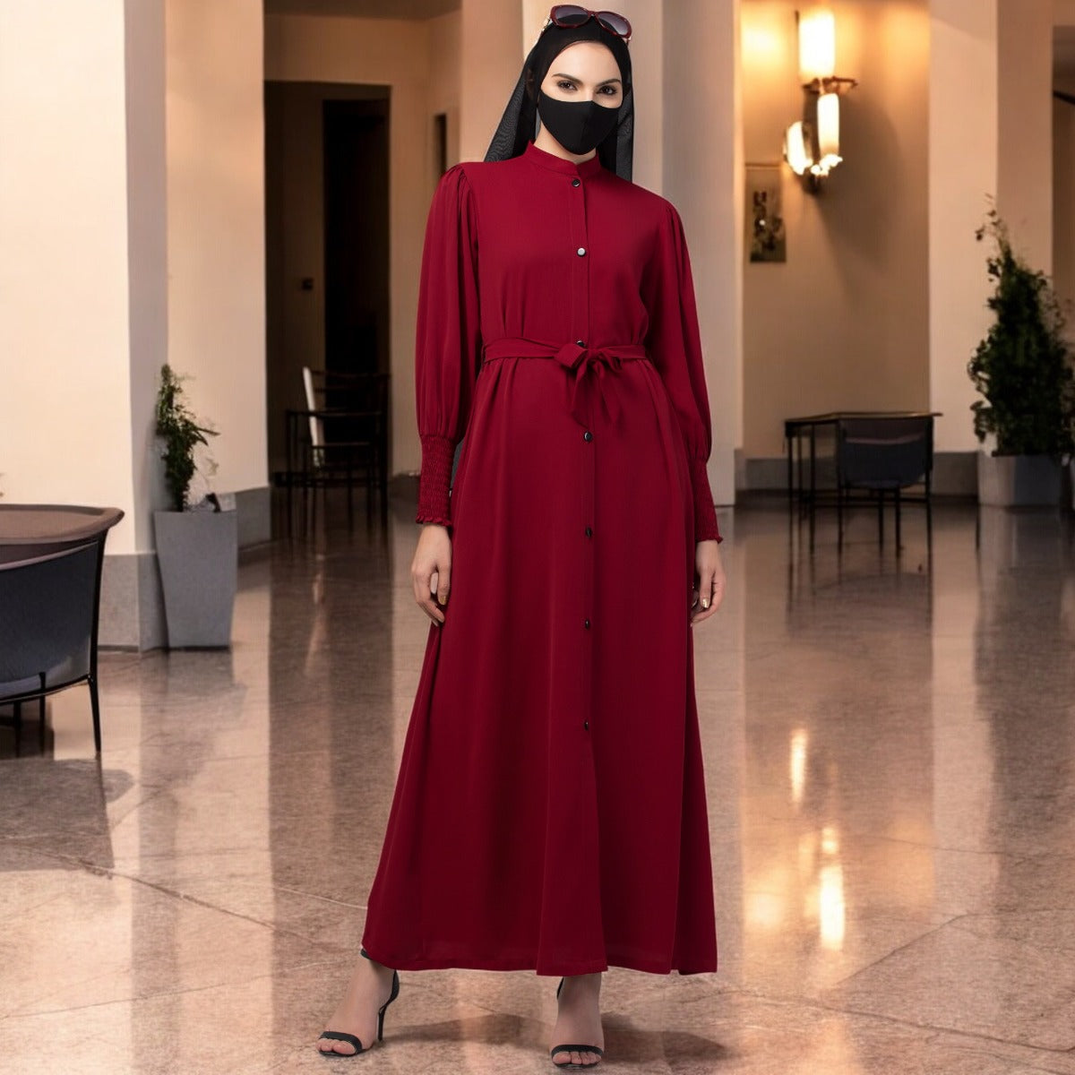 Front Open Abaya In Premium Stretchable Fabric with Puff Shoulders, Smocky Sleeves and Contrast Buttons