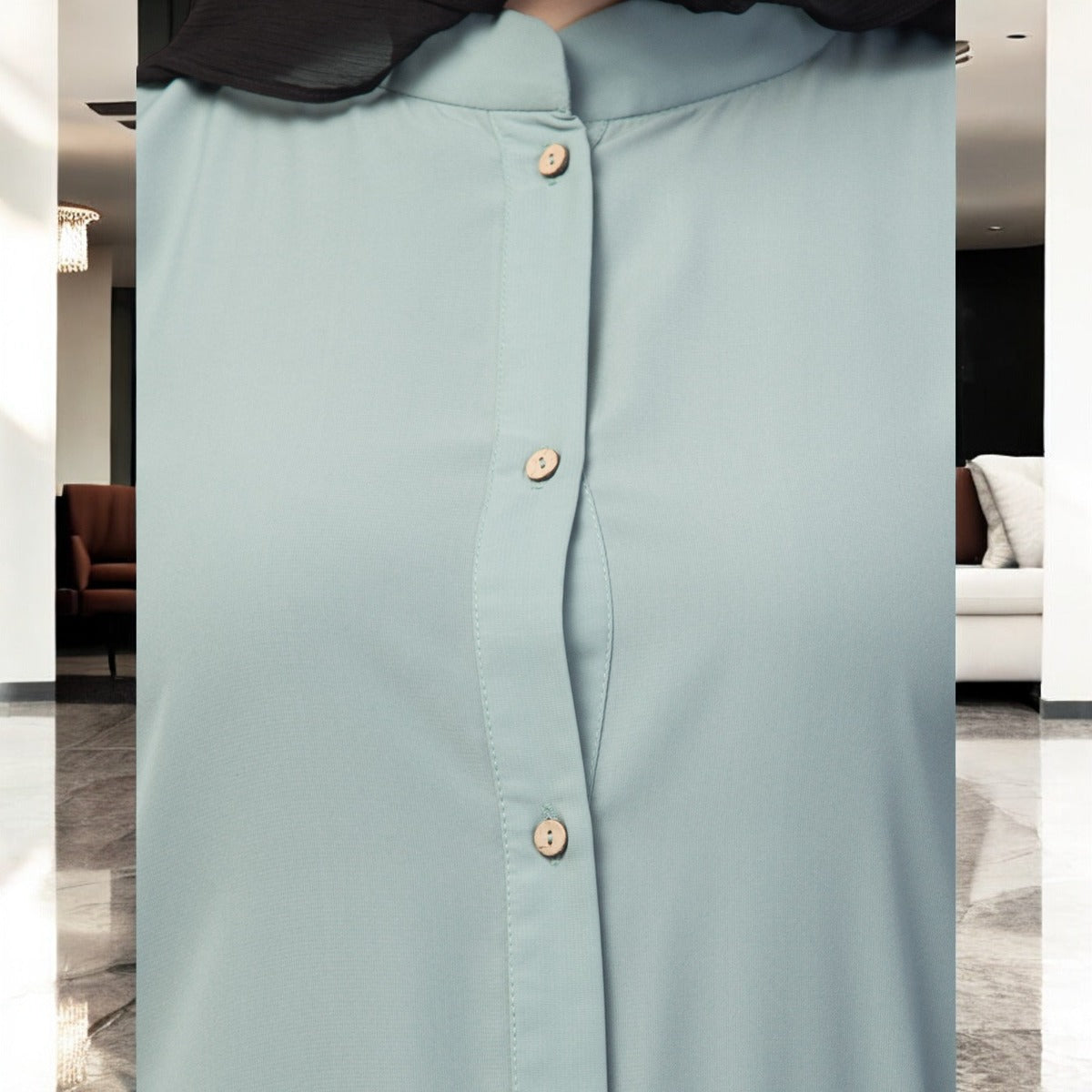 Front Open Abaya In Firdaus Fabric With Frilled Hem and Wooden Buttons