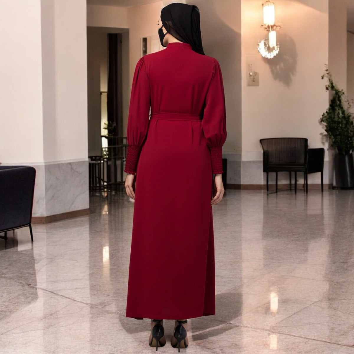 Front Open Abaya In Premium Stretchable Fabric with Puff Shoulders, Smocky Sleeves and Contrast Buttons