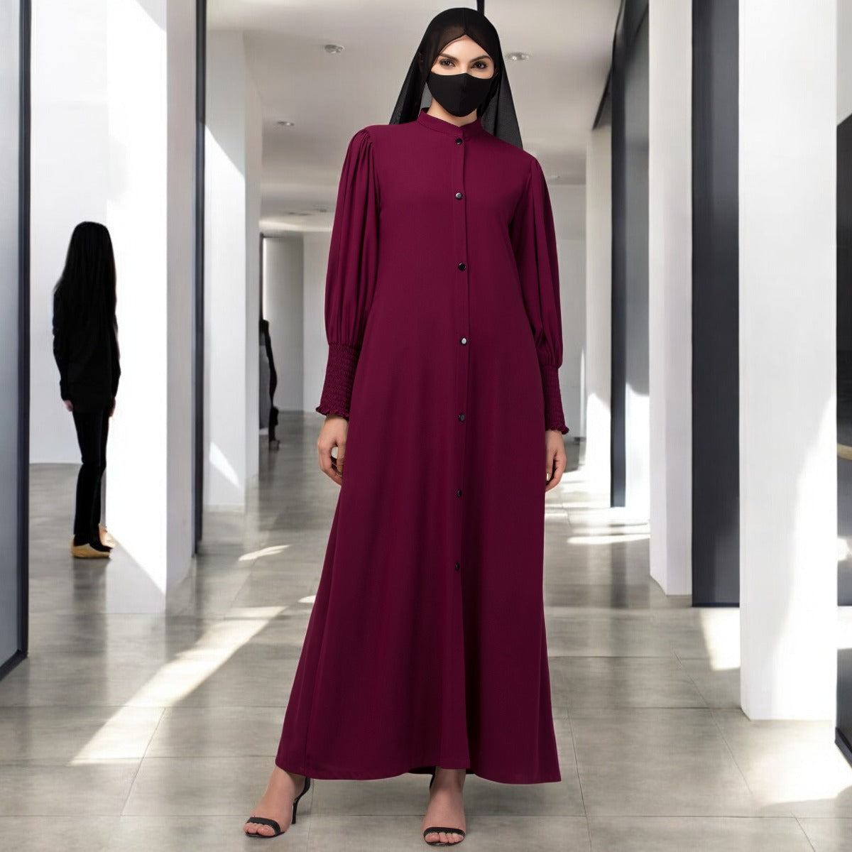 Front Open Abaya In Premium Stretchable Fabric with Puff Shoulders, Smocky Sleeves and Contrast Buttons