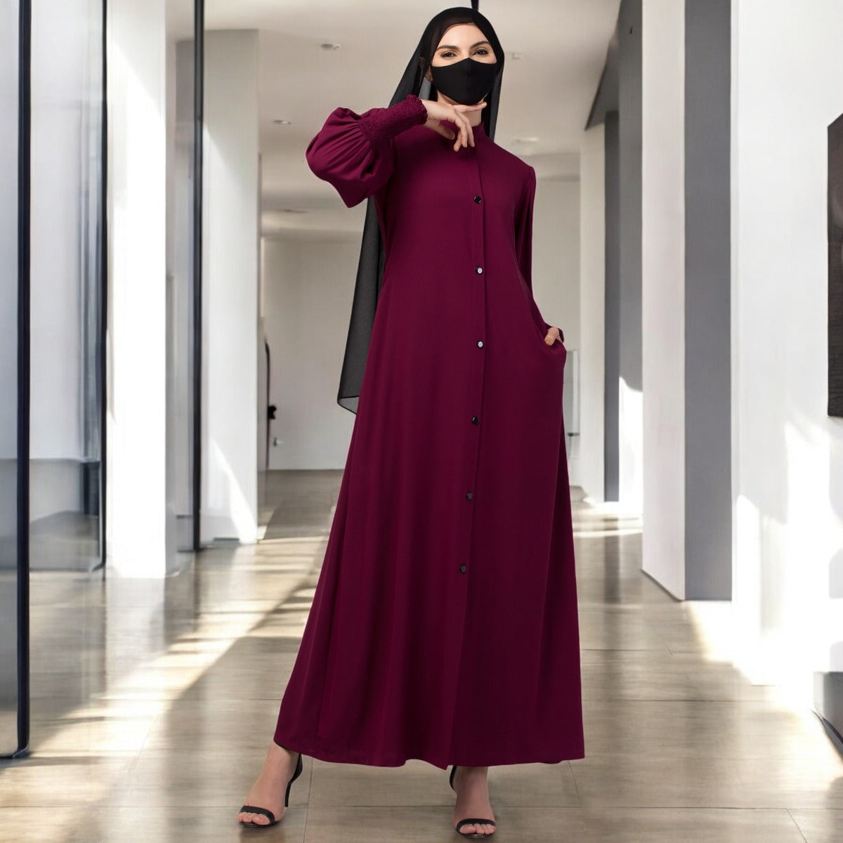 Front Open Abaya In Premium Stretchable Fabric with Puff Shoulders, Smocky Sleeves and Contrast Buttons