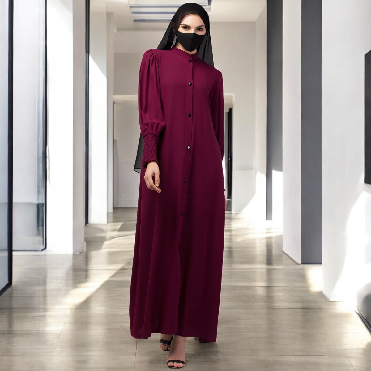Front Open Abaya In Premium Stretchable Fabric with Puff Shoulders, Smocky Sleeves and Contrast Buttons