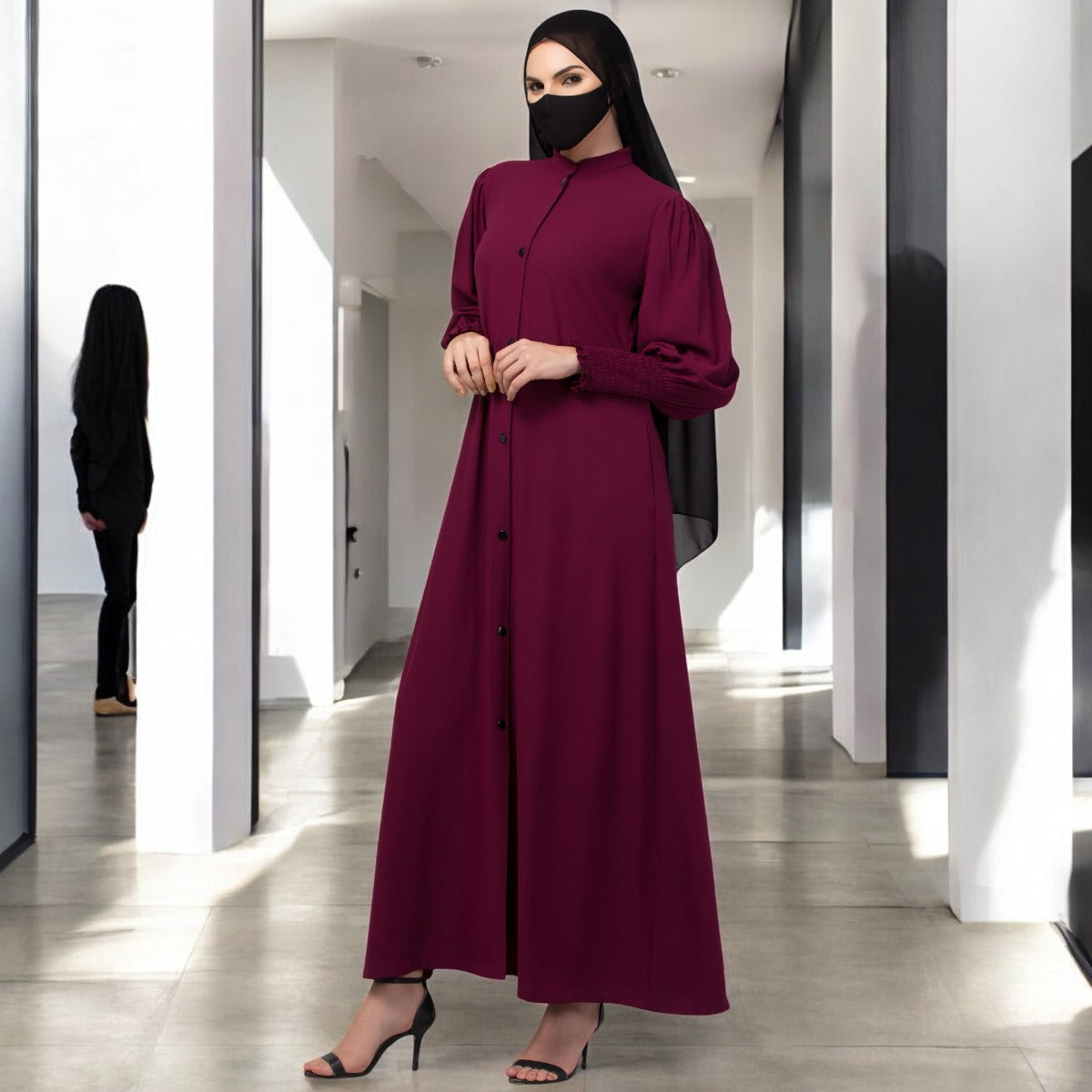 Front Open Abaya In Premium Stretchable Fabric with Puff Shoulders, Smocky Sleeves and Contrast Buttons