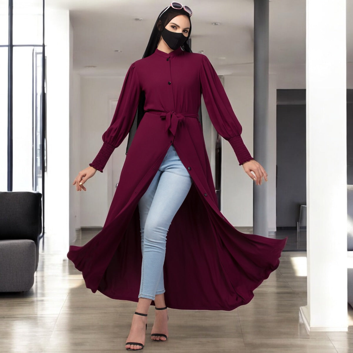 Front Open Abaya In Premium Stretchable Fabric with Puff Shoulders, Smocky Sleeves and Contrast Buttons