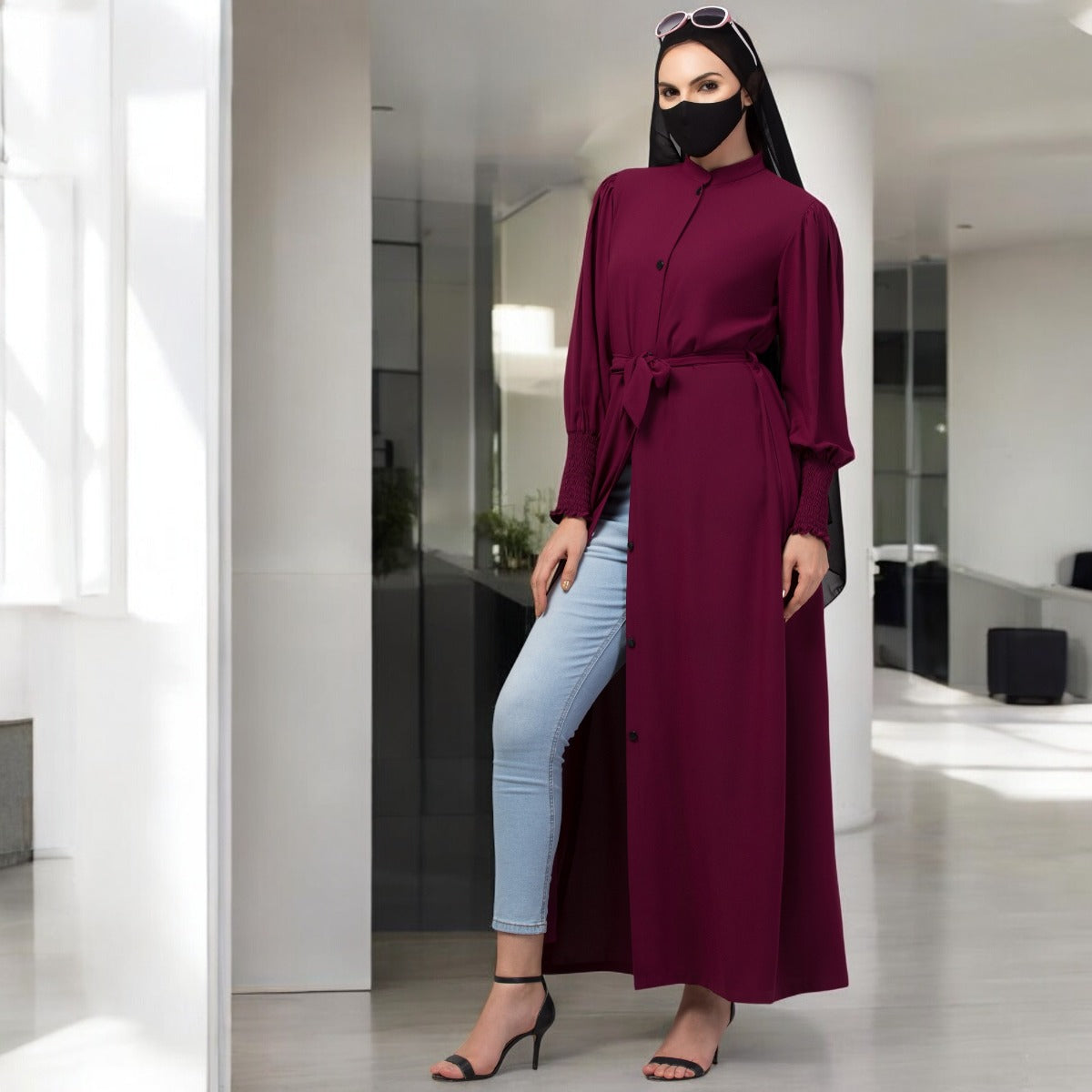 Front Open Abaya In Premium Stretchable Fabric with Puff Shoulders, Smocky Sleeves and Contrast Buttons