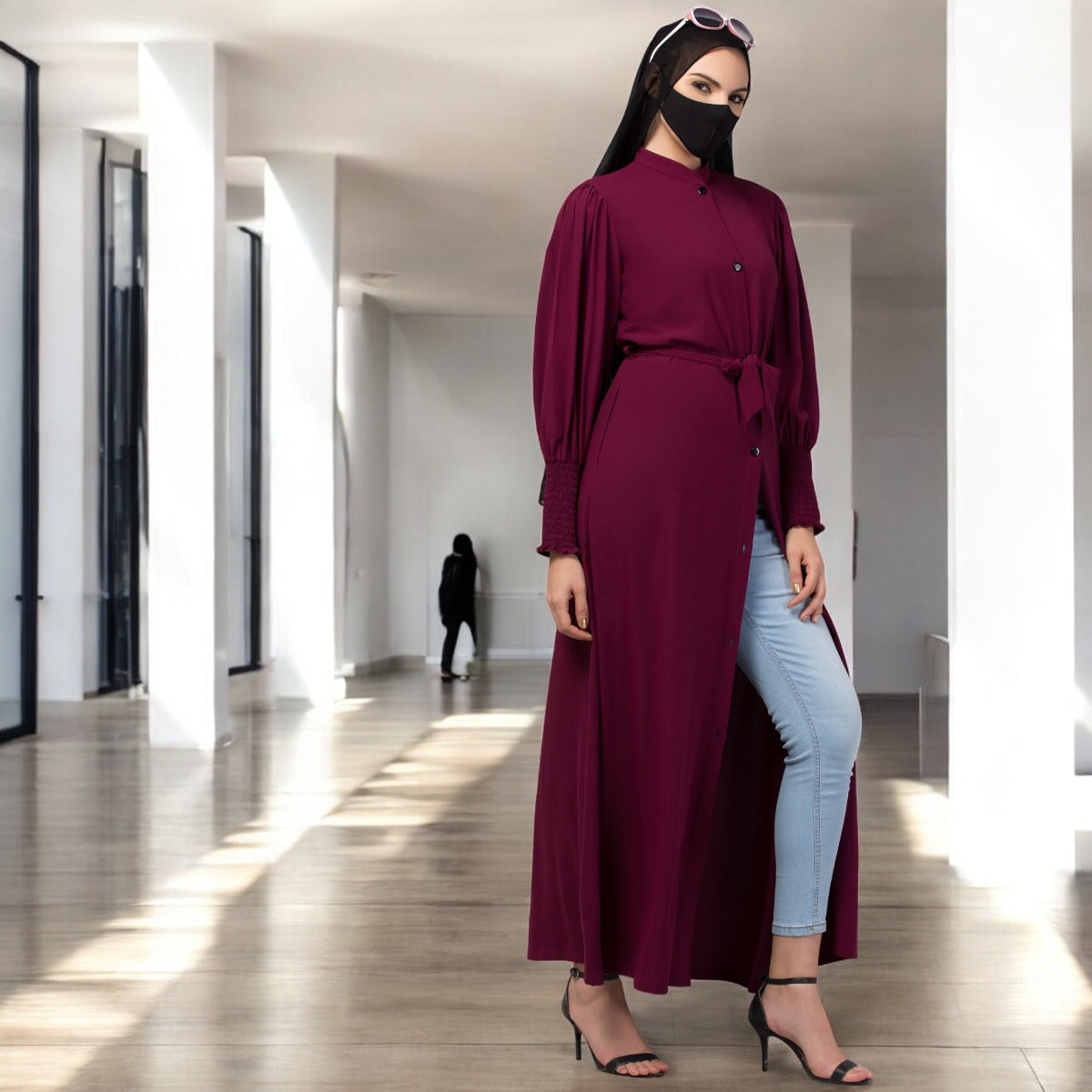Front Open Abaya In Premium Stretchable Fabric with Puff Shoulders, Smocky Sleeves and Contrast Buttons