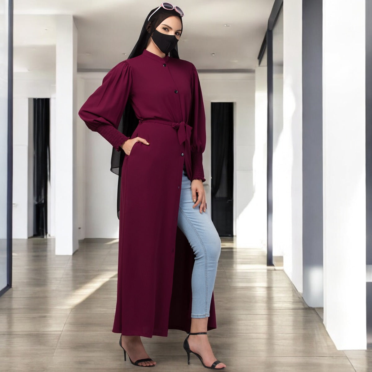 Front Open Abaya In Premium Stretchable Fabric with Puff Shoulders, Smocky Sleeves and Contrast Buttons