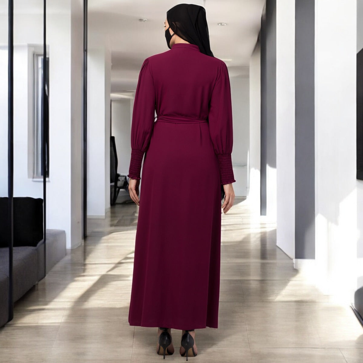 Front Open Abaya In Premium Stretchable Fabric with Puff Shoulders, Smocky Sleeves and Contrast Buttons
