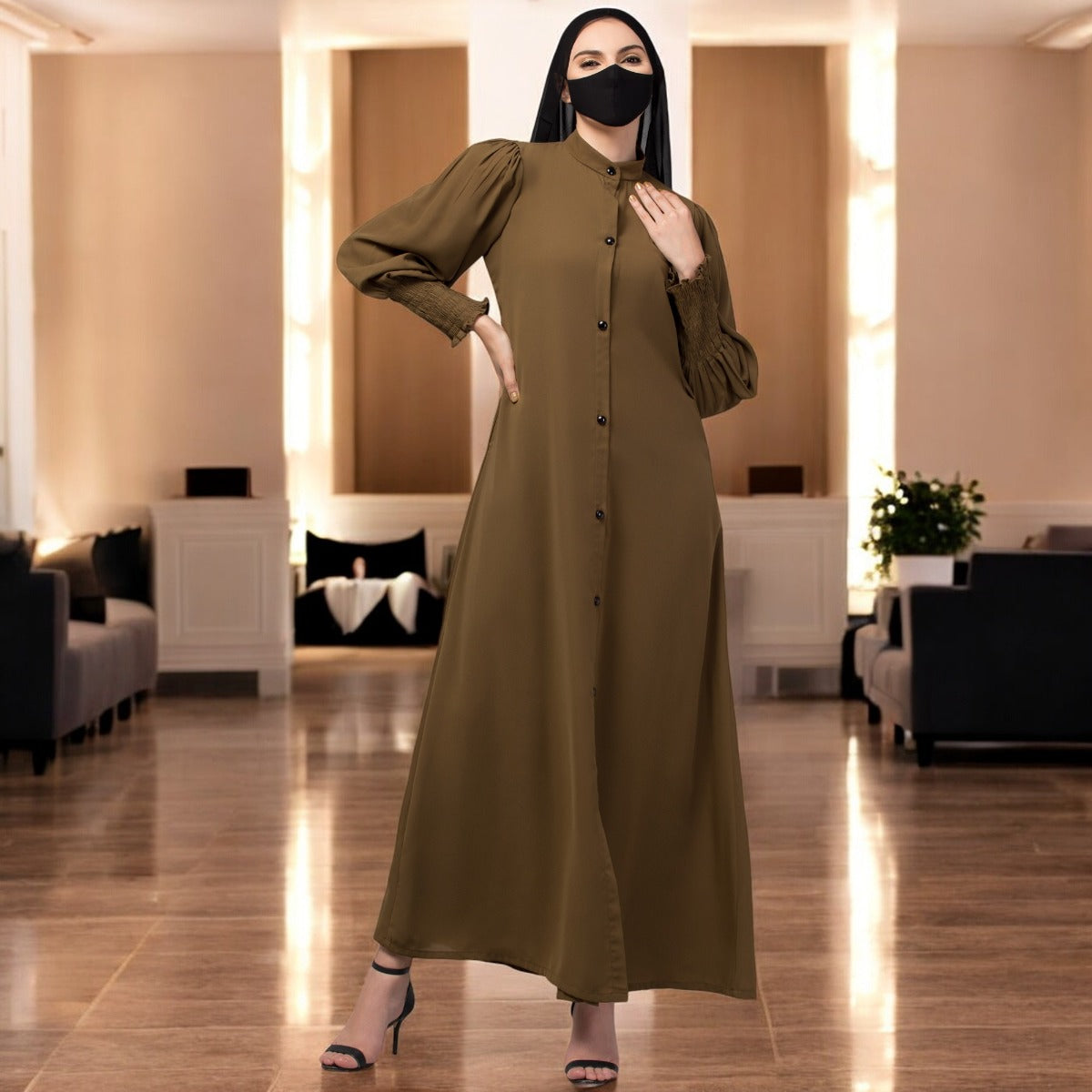 Front Open Abaya In Premium Stretchable Fabric with Puff Shoulders, Smocky Sleeves and Contrast Buttons