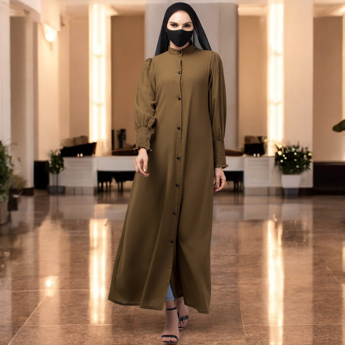 Front Open Abaya In Premium Stretchable Fabric with Puff Shoulders, Smocky Sleeves and Contrast Buttons