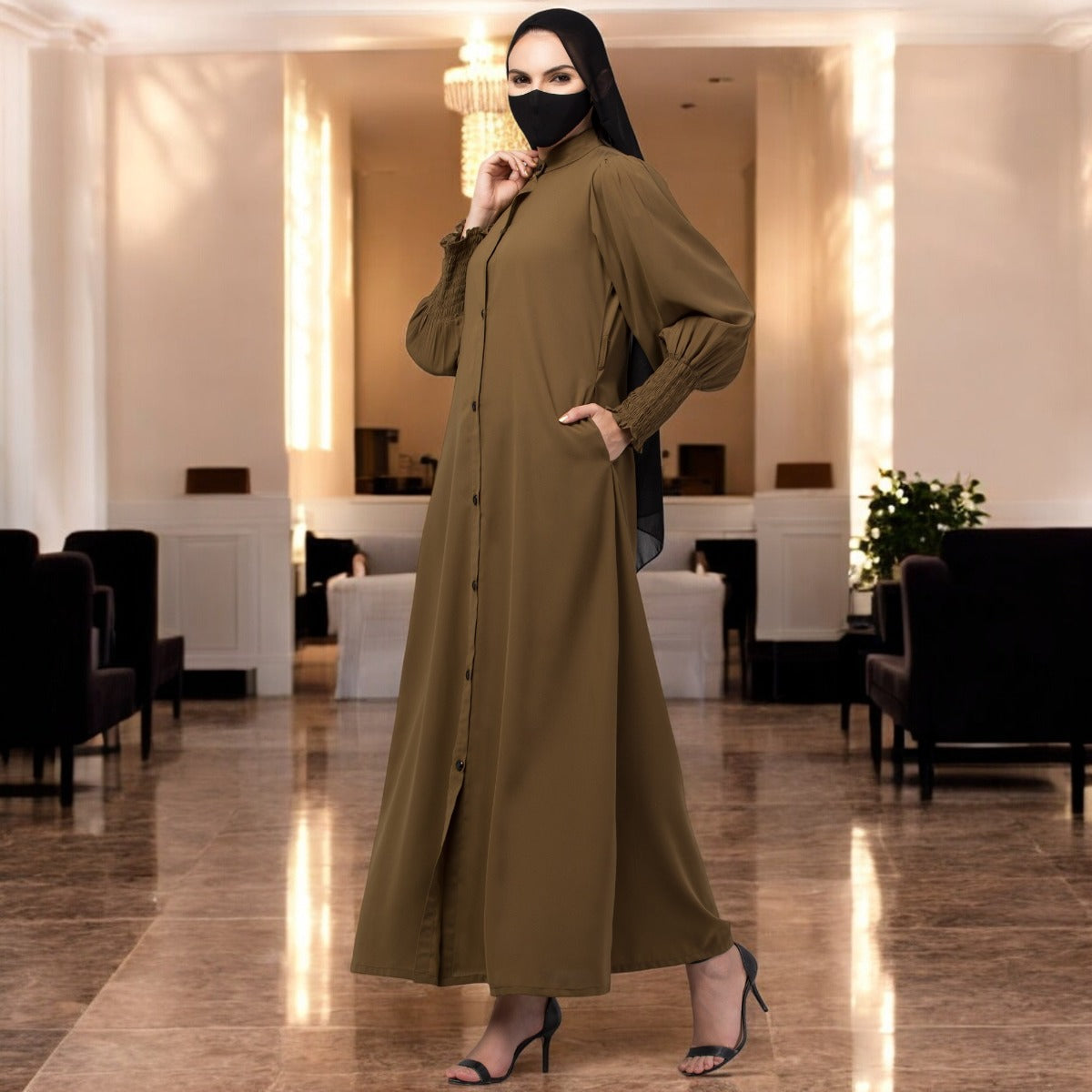 Front Open Abaya In Premium Stretchable Fabric with Puff Shoulders, Smocky Sleeves and Contrast Buttons