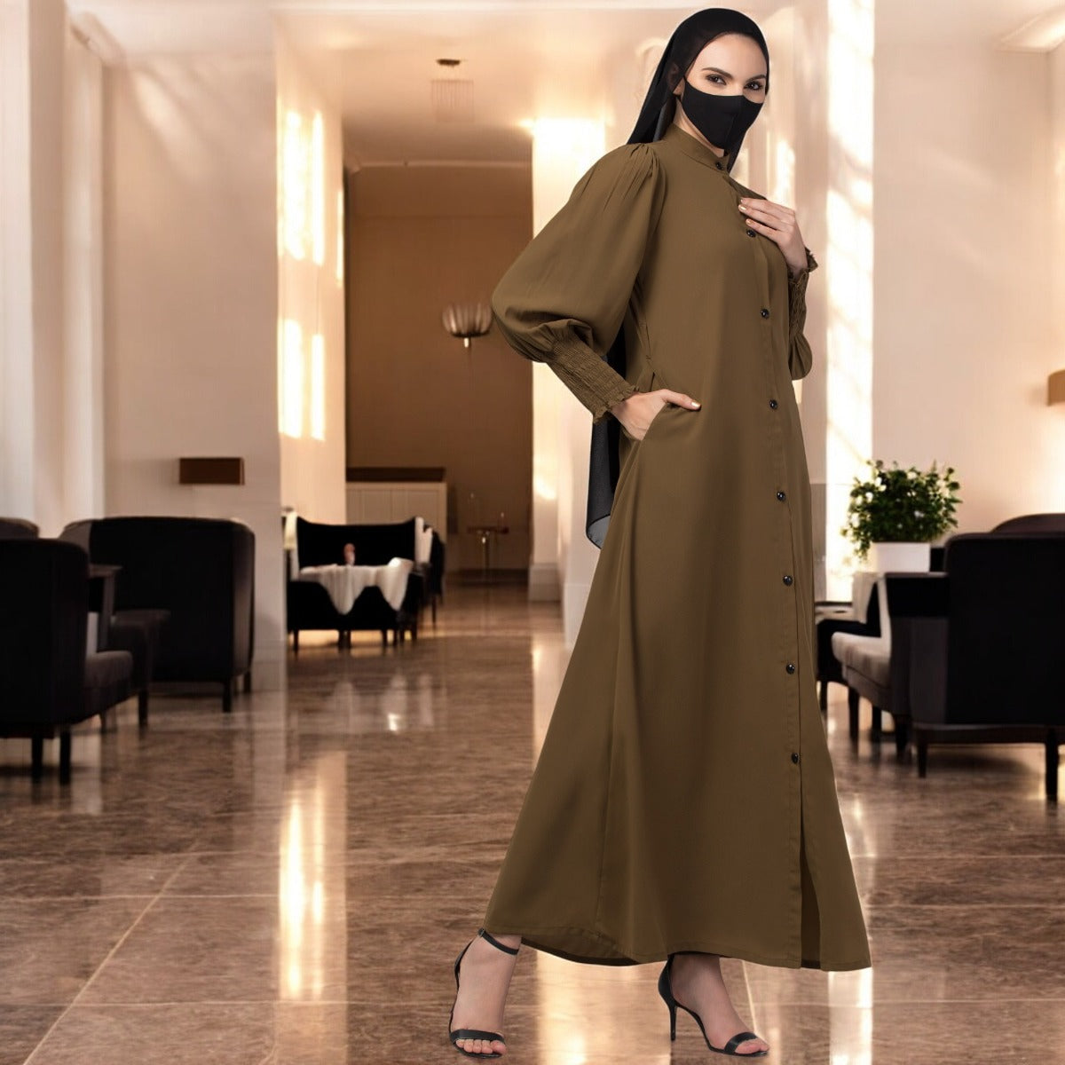 Front Open Abaya In Premium Stretchable Fabric with Puff Shoulders, Smocky Sleeves and Contrast Buttons