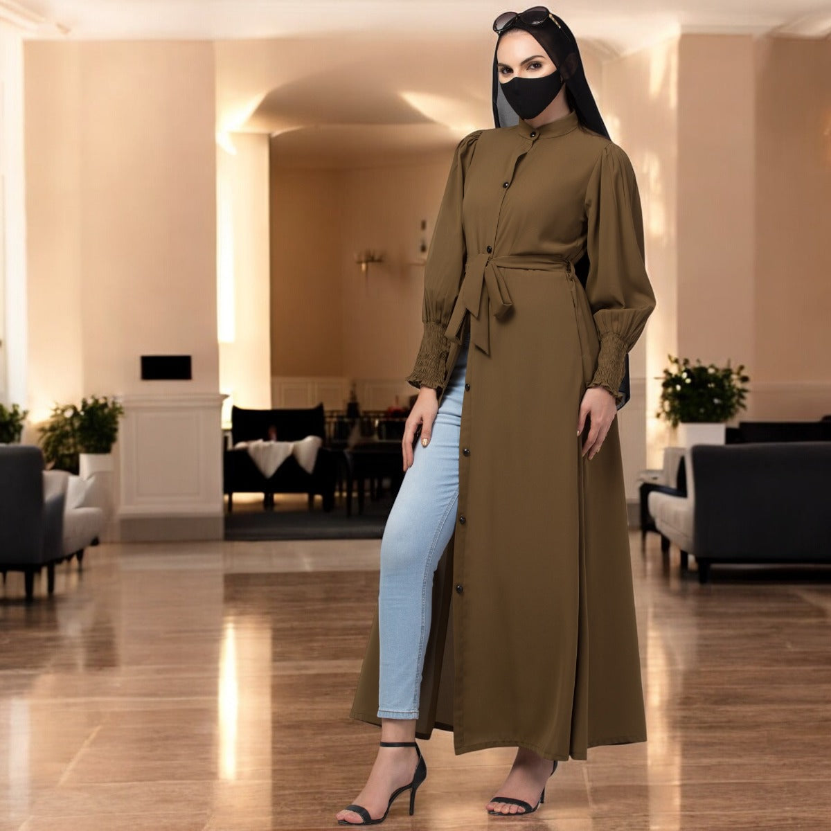 Front Open Abaya In Premium Stretchable Fabric with Puff Shoulders, Smocky Sleeves and Contrast Buttons