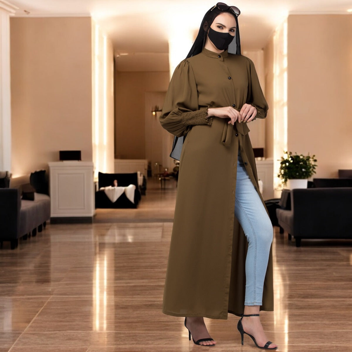 Front Open Abaya In Premium Stretchable Fabric with Puff Shoulders, Smocky Sleeves and Contrast Buttons