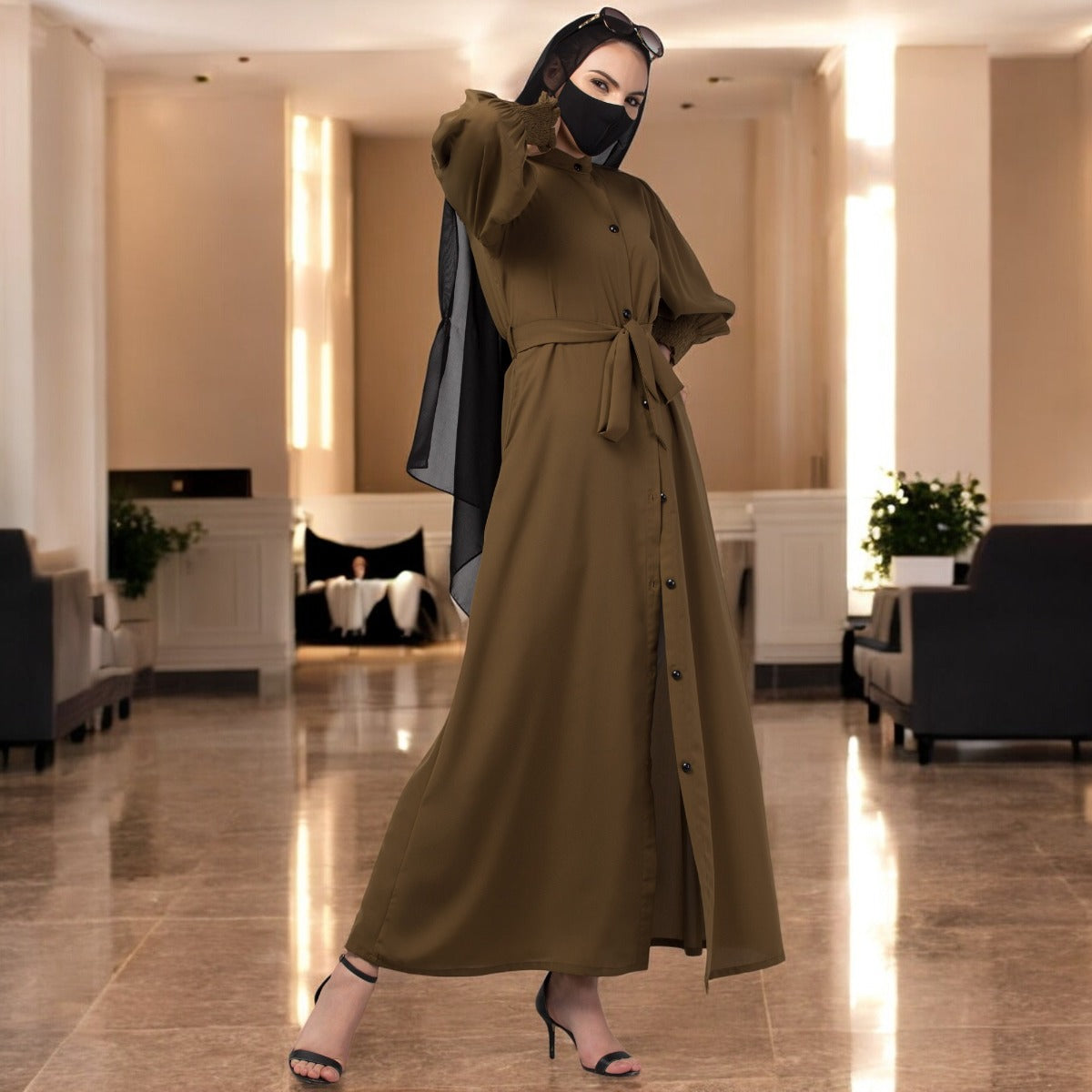 Front Open Abaya In Premium Stretchable Fabric with Puff Shoulders, Smocky Sleeves and Contrast Buttons