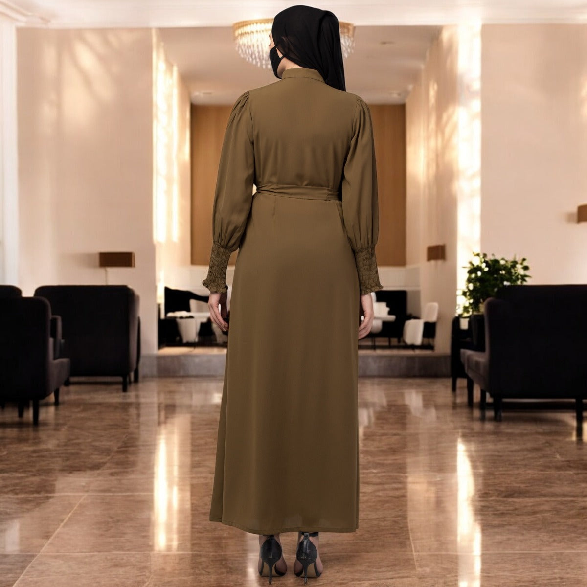 Front Open Abaya In Premium Stretchable Fabric with Puff Shoulders, Smocky Sleeves and Contrast Buttons