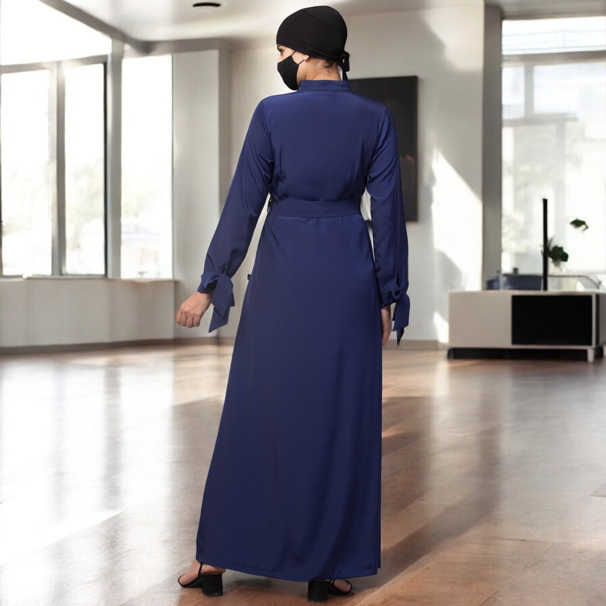 Front Open Abaya Dress With Zipper And Designer Sleeves In French Crepe Fabric