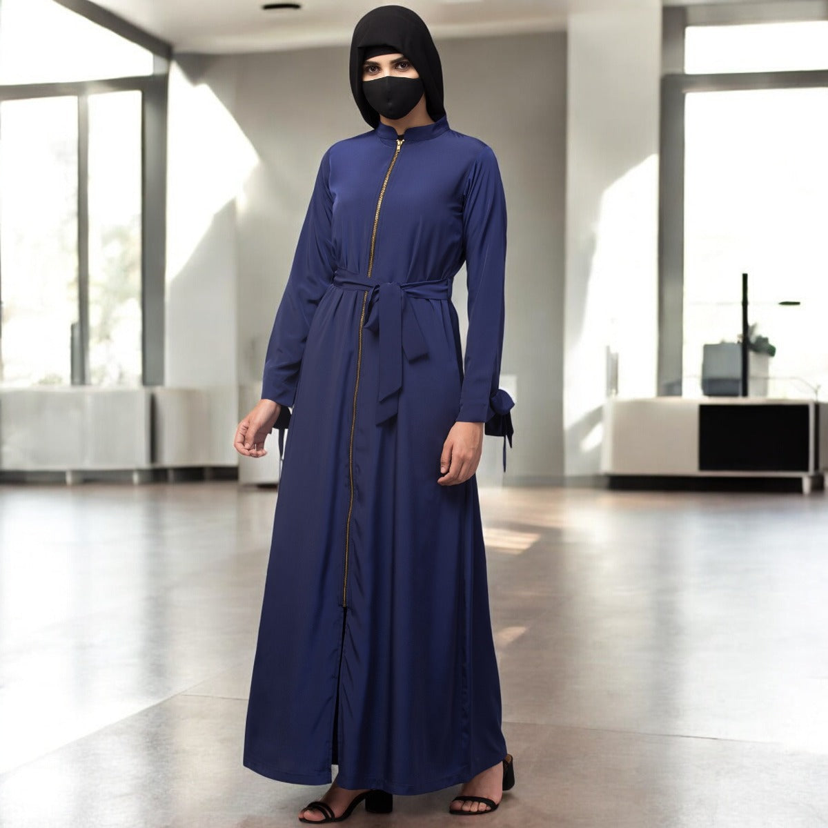 Front Open Abaya Dress With Zipper And Designer Sleeves In French Crepe Fabric