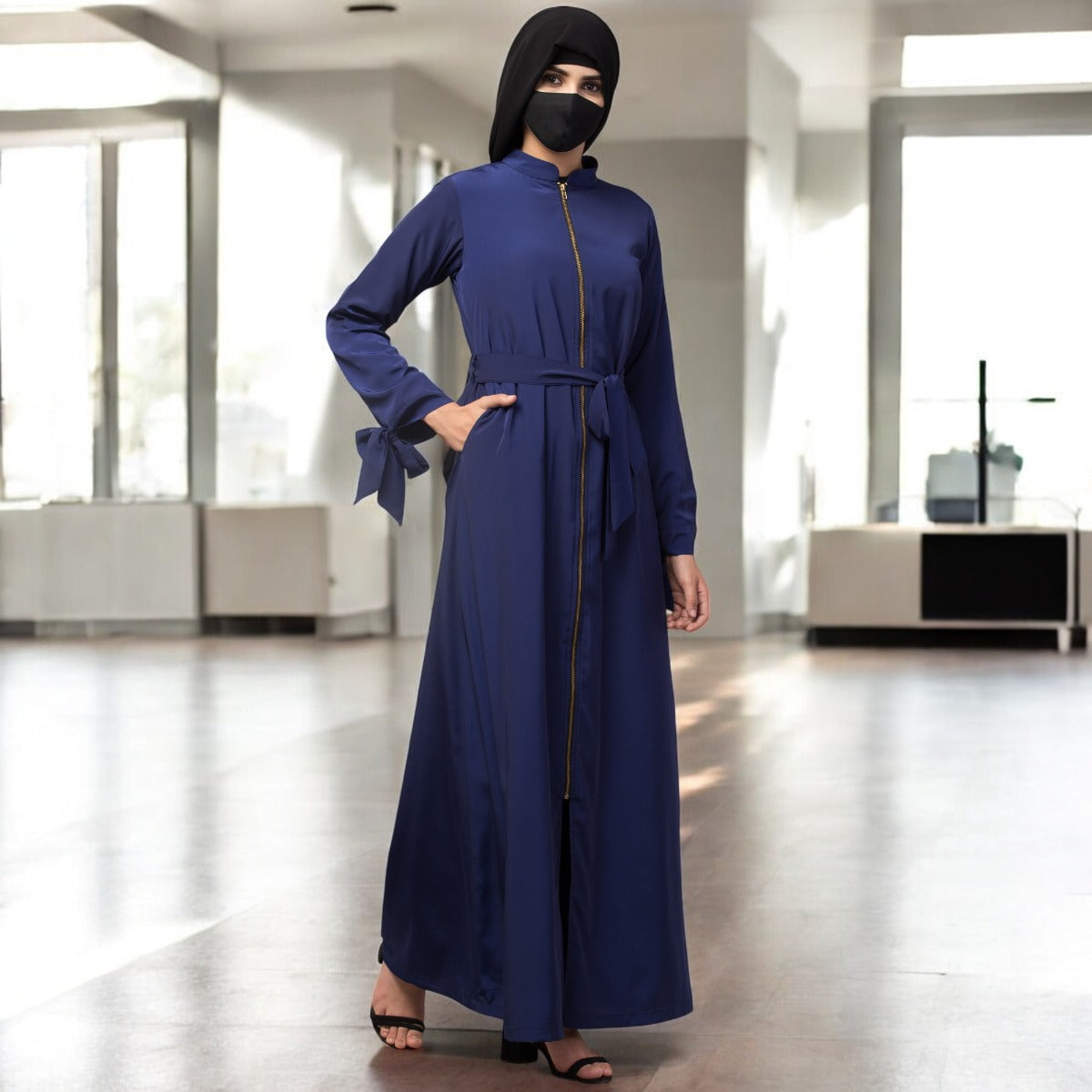 Front Open Abaya Dress With Zipper And Designer Sleeves In French Crepe Fabric