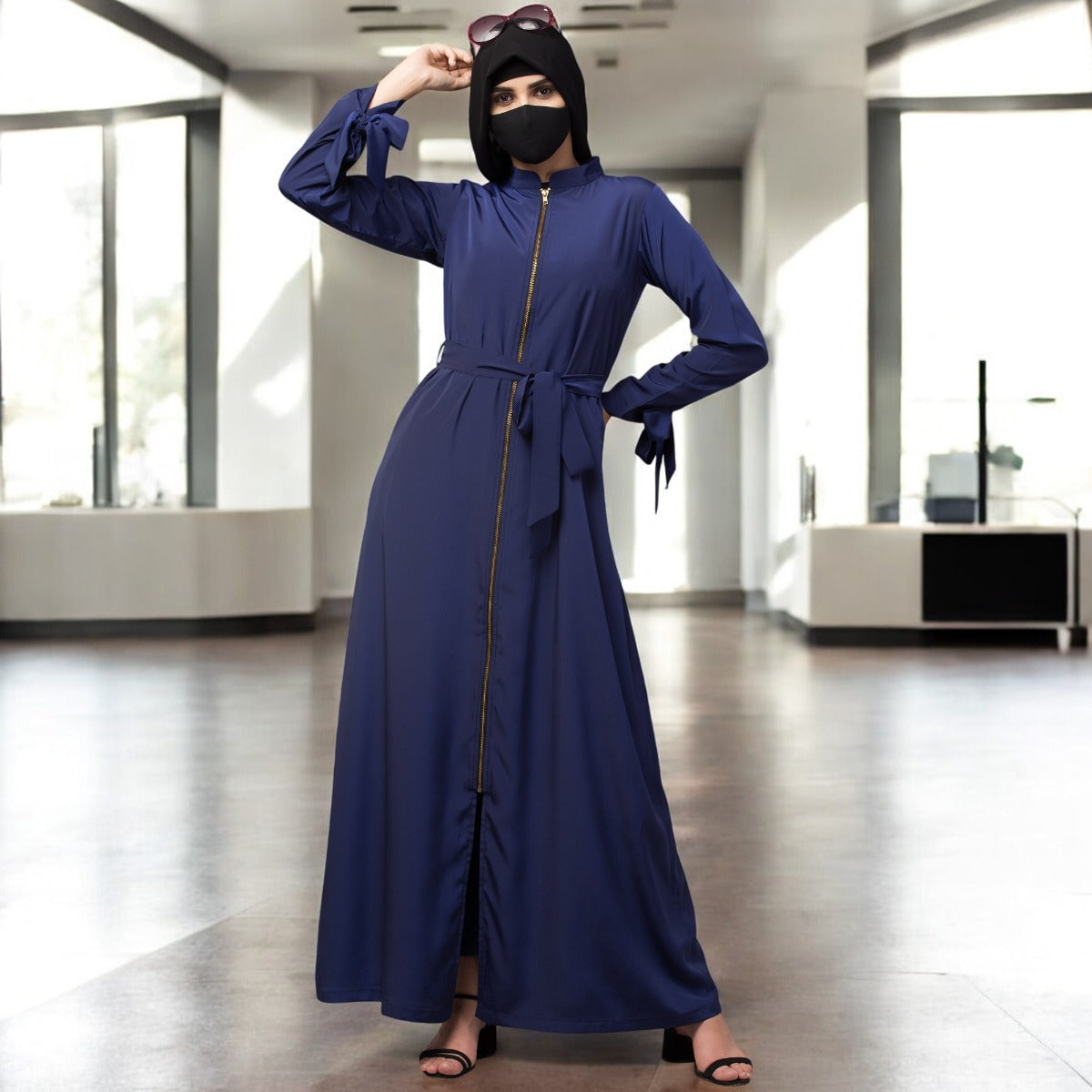 Front Open Abaya Dress With Zipper And Designer Sleeves In French Crepe Fabric