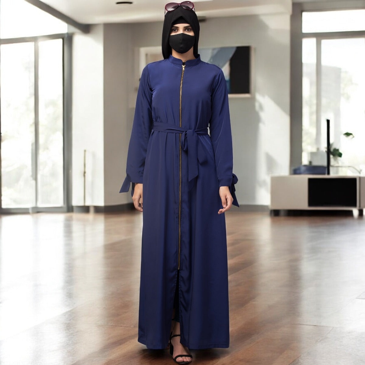 Front Open Abaya Dress With Zipper And Designer Sleeves In French Crepe Fabric