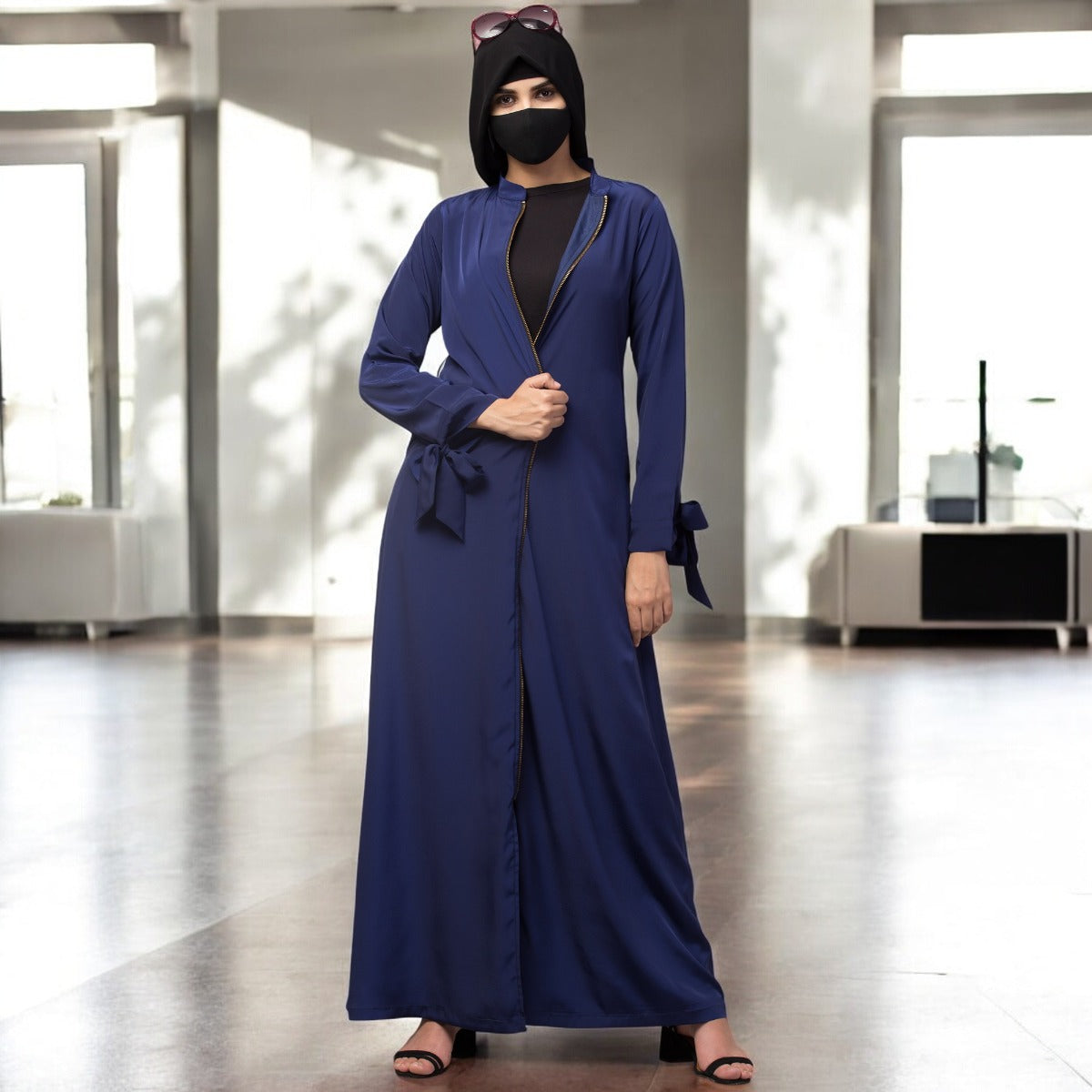 Front Open Abaya Dress With Zipper And Designer Sleeves In French Crepe Fabric
