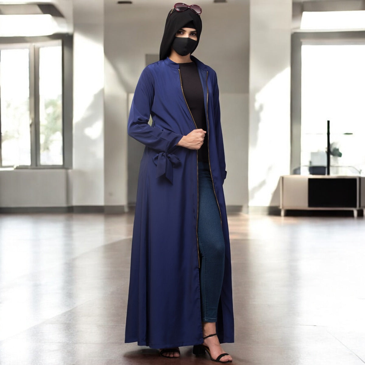 Front Open Abaya Dress With Zipper And Designer Sleeves In French Crepe Fabric