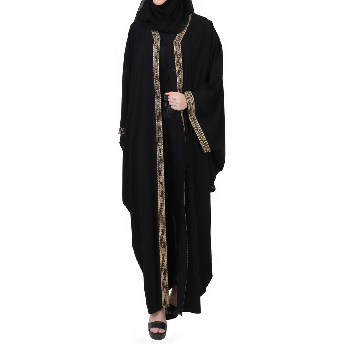 Elegant Designs of Burqa: Front Open Kaftan with Lace Placket and Matching Stole