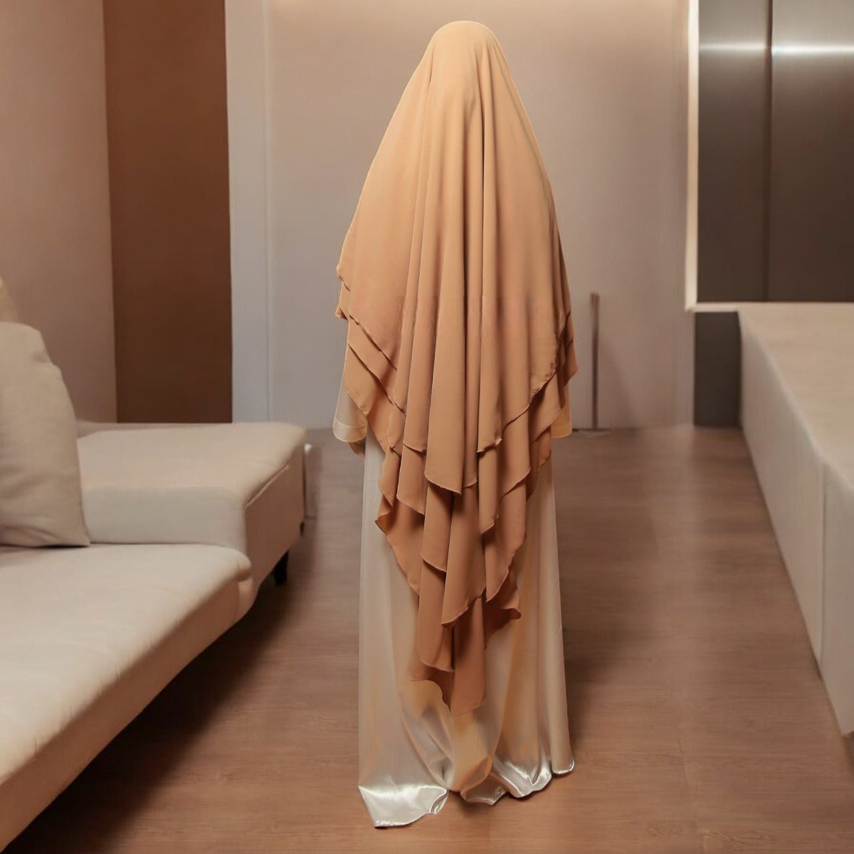 Bashariya Sand Color Three-Layer Triangular Very Long Prayer Khimar Hijab with Attached Mouthpiece|Short Jilbab