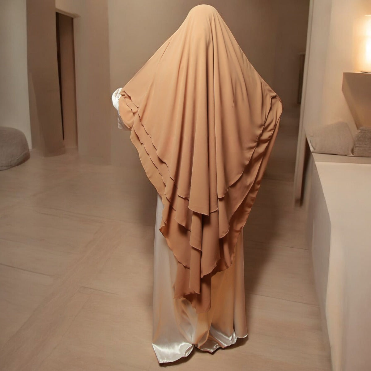 Bashariya Sand Color Three-Layer Triangular Very Long Prayer Khimar Hijab with Attached Mouthpiece|Short Jilbab