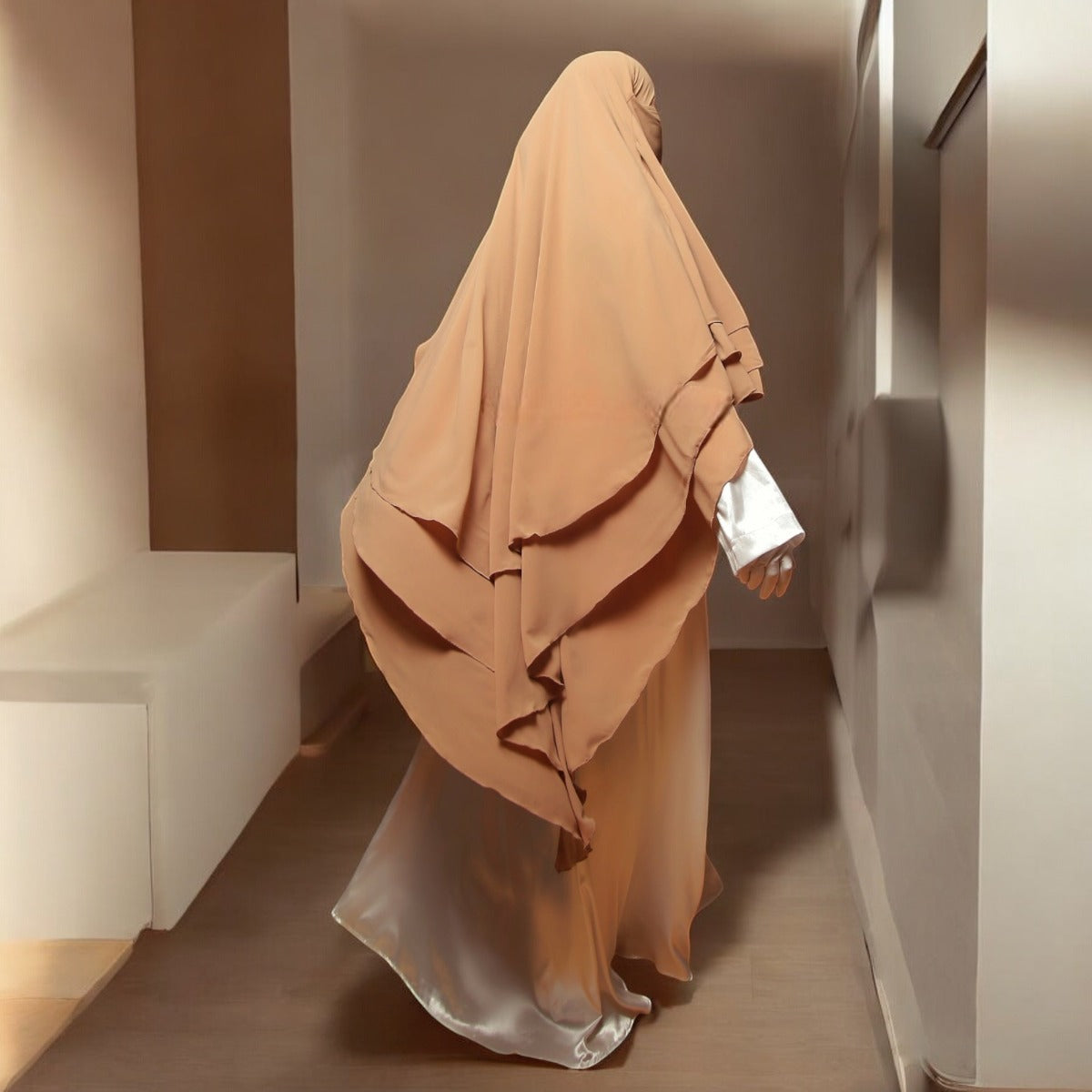 Bashariya Sand Color Three-Layer Triangular Very Long Prayer Khimar Hijab with Attached Mouthpiece|Short Jilbab