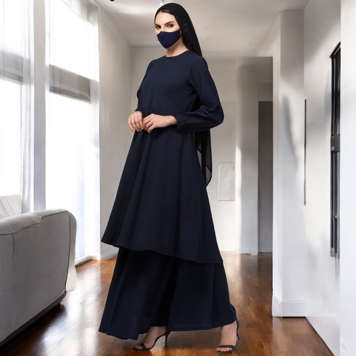 Modest Co-ord Set: Designer Loose Fit Top with Frills and Flared Skirt