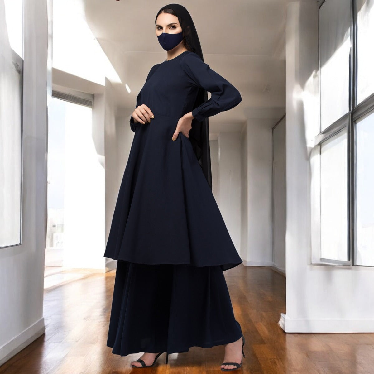 Modest Co-ord Set: Designer Loose Fit Top with Frills and Flared Skirt
