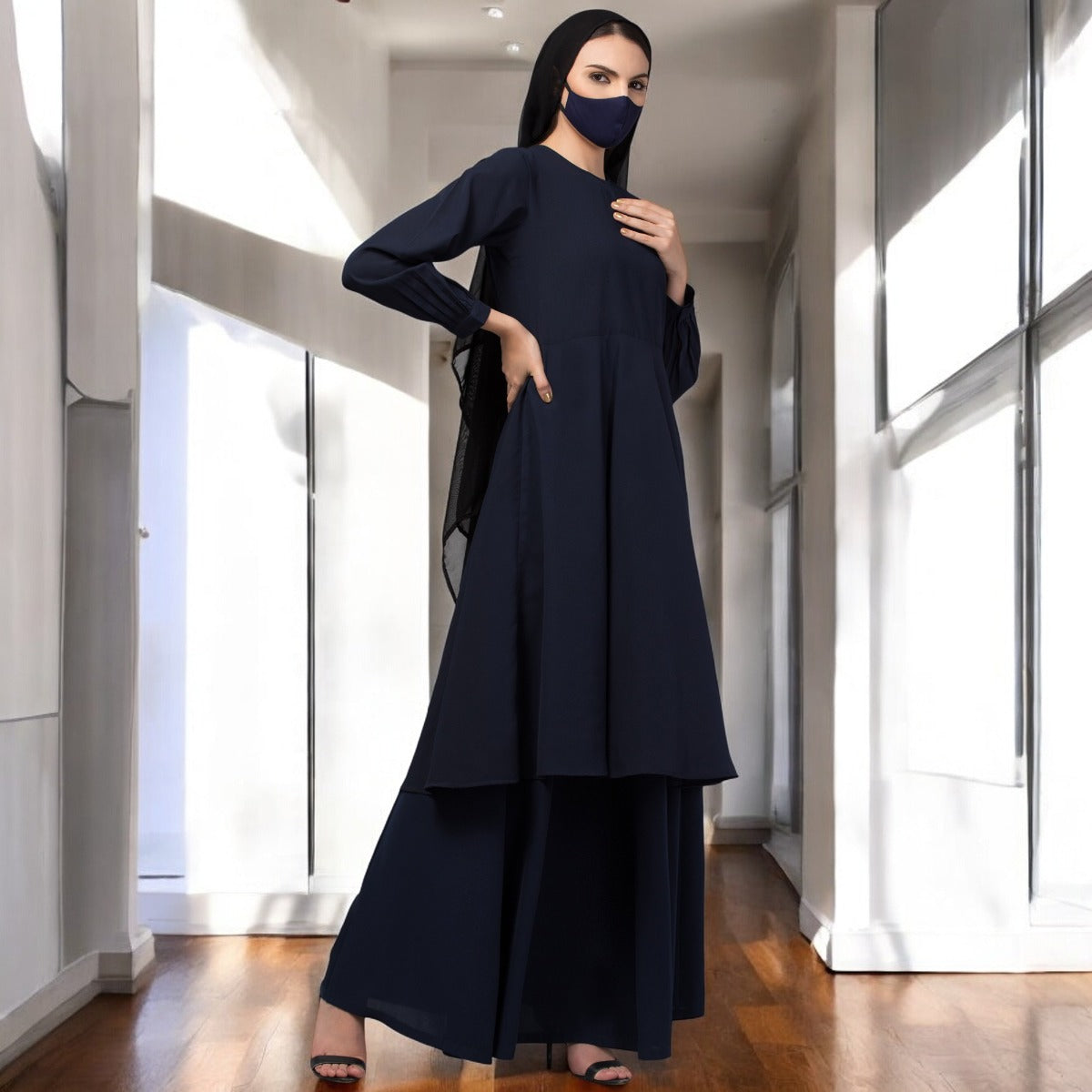 Modest Co-ord Set: Designer Loose Fit Top with Frills and Flared Skirt