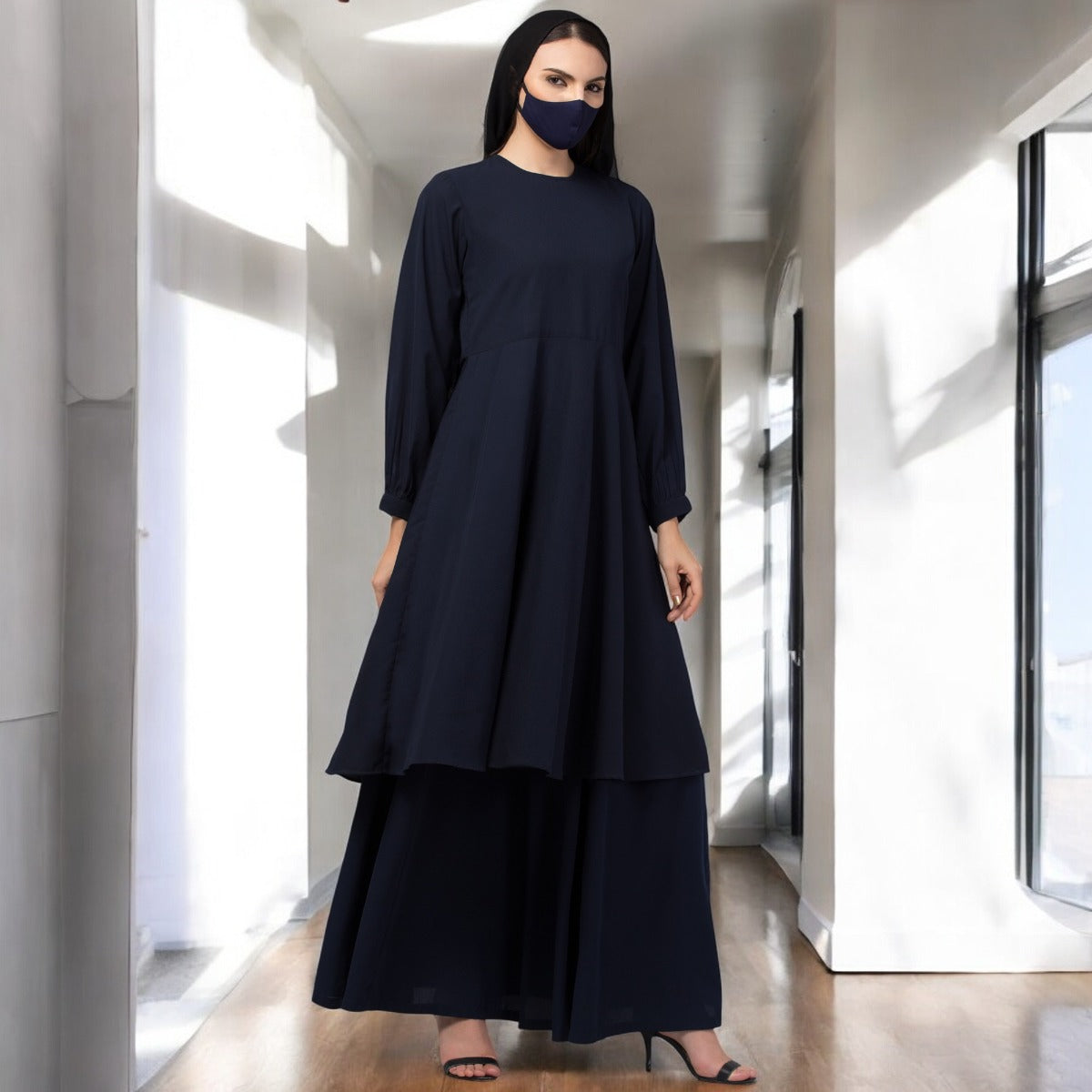 Modest Co-ord Set: Designer Loose Fit Top with Frills and Flared Skirt