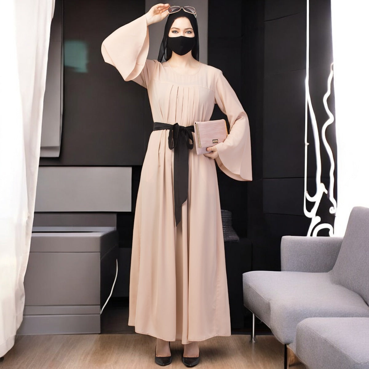 Designer Abaya With Pleats & Belt