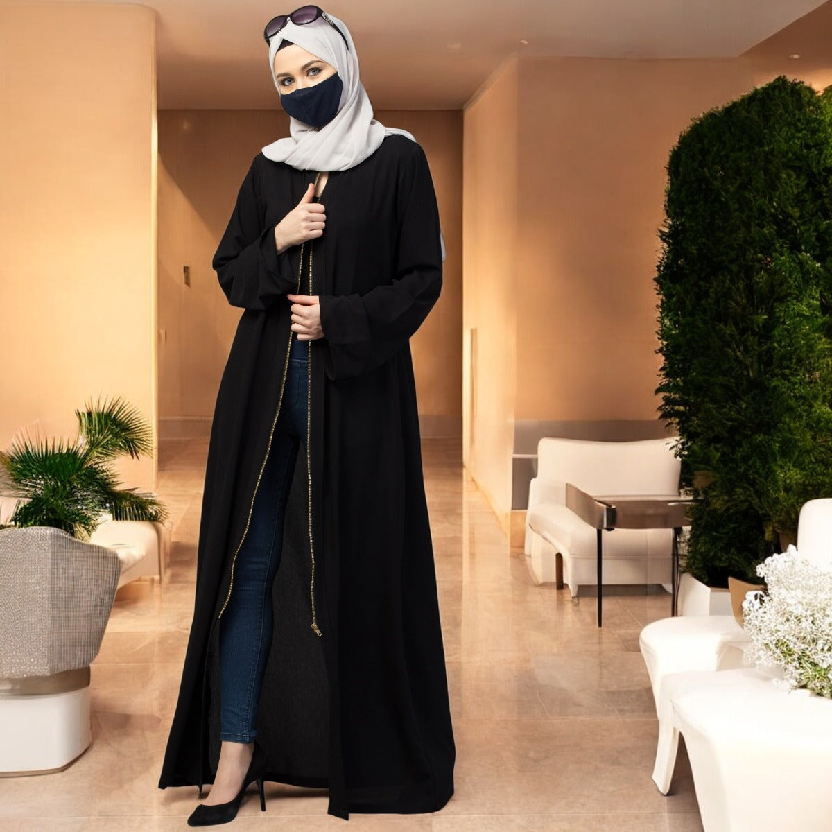 Basic Forn Open Abaya In Premium Fabric With Long Zipper