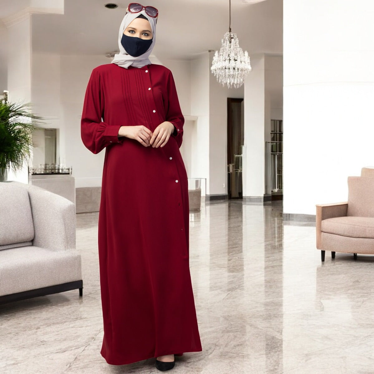 Abaya With Pleats and Side Opening In Stretchable Fabric