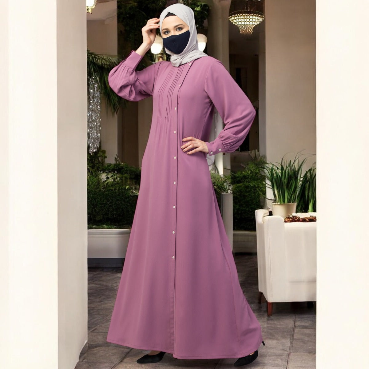 Abaya With Pleats and Side Opening In Stretchable Fabric